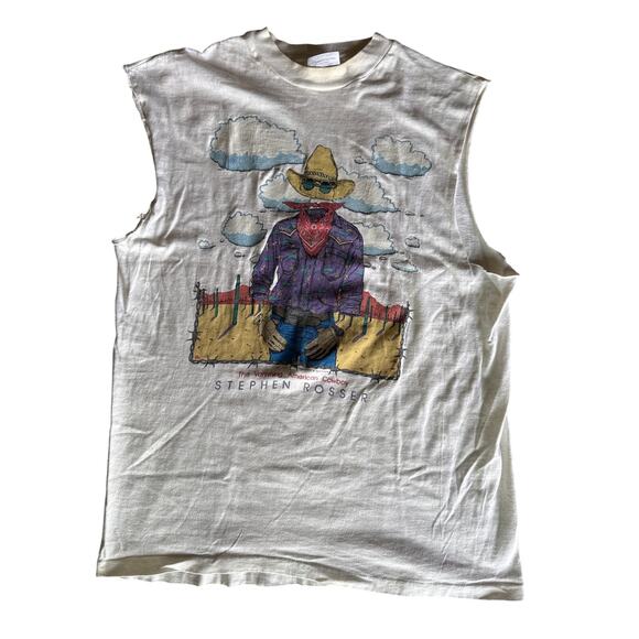 VTG Stephen Rosser L USA Made Single Stitched Hanes Beefy White Cutoff Sleeves - Picture 1 of 6